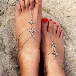 Silver Barefoot Boho Toe Loop Adjustable Ankle Anklets Set NEW